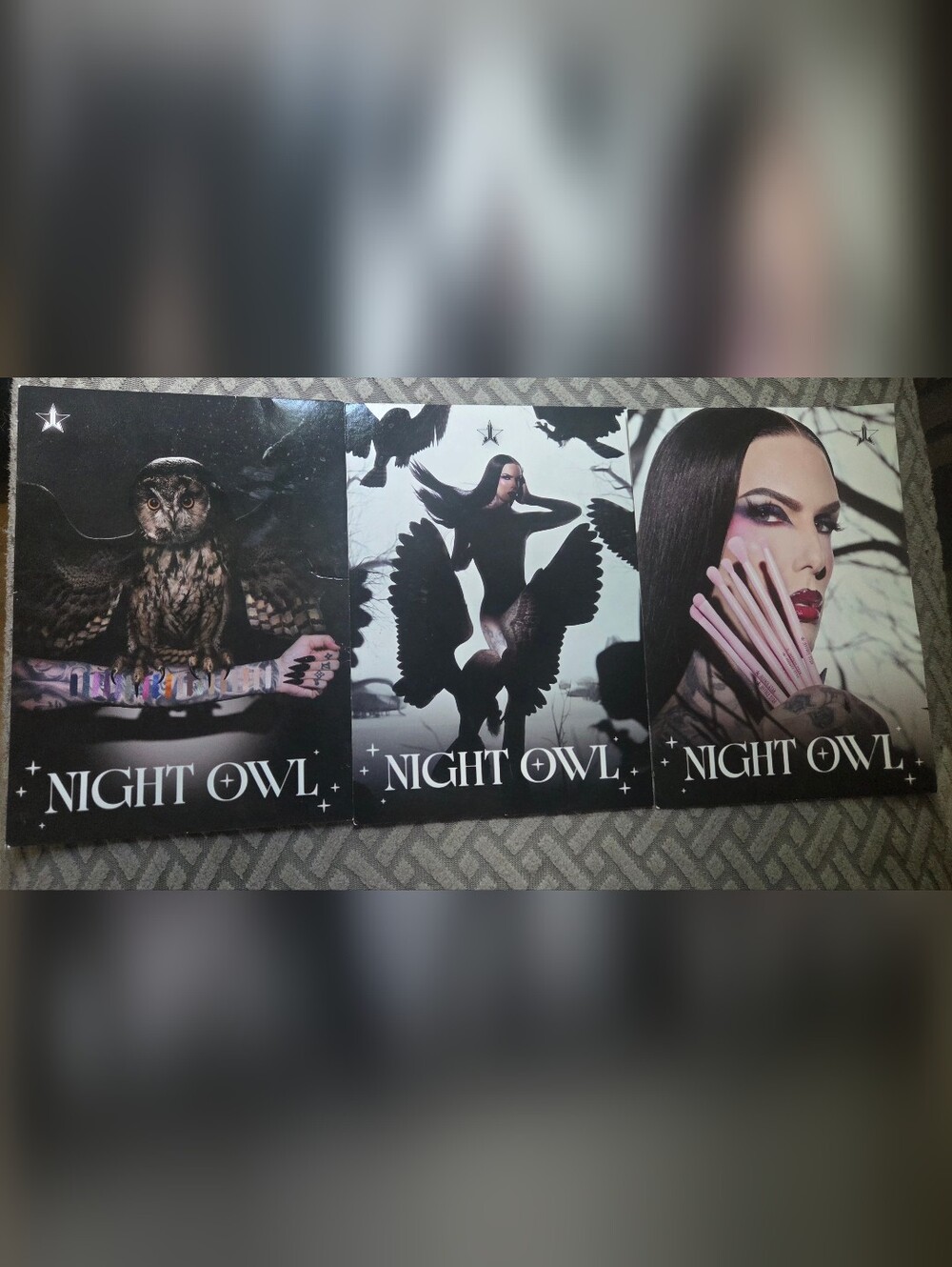 Set of 3 Jeffree Star Cosmetics Night Owl promotional postcards/cards. Features